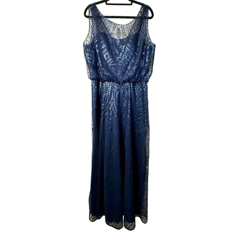 Angelina Faccenda Dress Formal Gown Maxi Sequin Art Deco Blouson Navy Blue 18